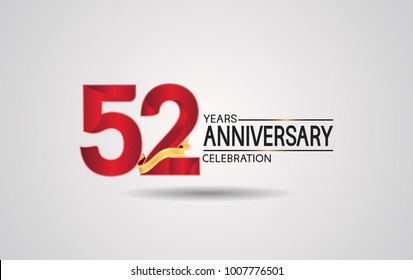 52 years anniversary logotype with red color and golden ribbon isolated on white background for celebration event