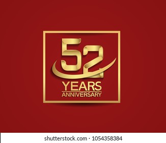52 years anniversary with square and swoosh golden color isolated on red background for celebration