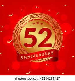 52 years anniversary. Anniversary template design concept with gold and red colors , design for event, invitation card, greeting card, banner, poster, flyer, book cover and print. Vector Eps10