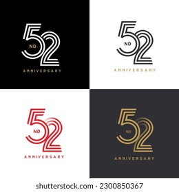 52 Jahre Jubiläum Vektornummer Symbol, Geburtstagslogo, Schwarz, Weiß und Farben mit Stripnummer