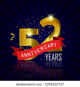 52 years anniversary Vector Template Design with golden color and silver ribbon isolated on blue sunburst background illustration for celebration event - Vector