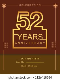 52 years golden anniversary design line style with square golden color for anniversary celebration event.