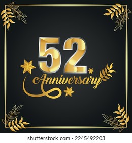 52 years old luxurious logo. anniversary year of vector gold colored template framed of palms.
