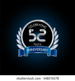 52 years silver anniversary celebration logo with blue ribbon , isolated on dark background