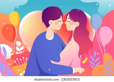 520, valentines day couple dating together, background with bouquet and plants, vector illustration