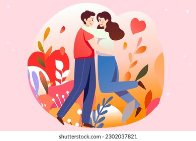 520, valentines day couple dating together, background with bouquet and plants, vector illustration