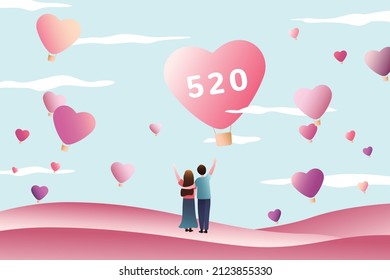 520 Valentines day illustration. Lovers waving to pink heart shaped hot air balloons in the sky.
