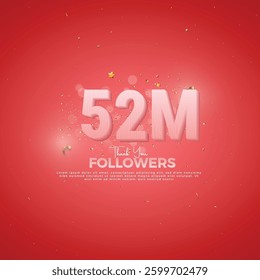 52M Follower celebration, 52M Pink Number on Red background with sparkling confetti, Thank you followers, 52M online social festive banner, 53M