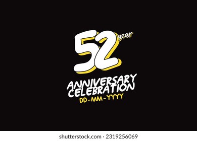 52nd, 52 years, 52 year anniversary with white character with yellow shadow on black background-vector