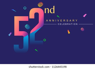 52nd anniversary celebration with colorful design, modern style with ribbon and colorful confetti isolated on dark background, for birthday celebration