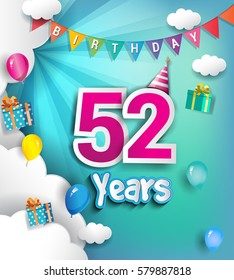 52nd Anniversary Celebration Design, with clouds and balloons. using Paper Art Design Style, Vector template elements for your, fifty two years birthday celebration party.