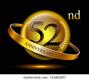 52nd anniversary celebration with gold ring and laurel on black isolated background