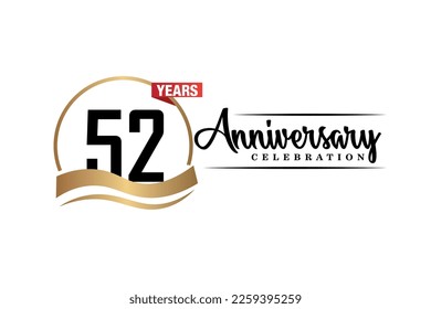 52nd anniversary celebration logo vector design with gold black and red color on white background cute black color font   