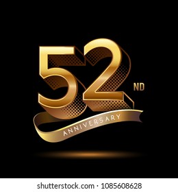 52nd Anniversary celebration logotype colored with shiny gold, using ribbon and isolated on black background