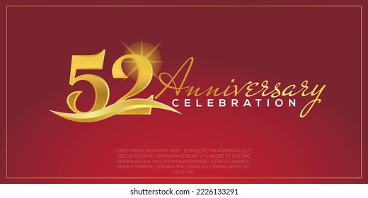  52nd anniversary logo with confetti golden colored text isolated on red background, vector design for greeting card and invitation card