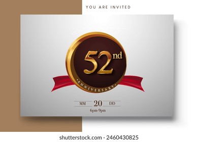 52nd Anniversary Logo With Golden Ring And Red Ribbon Isolated on Elegant Background, Birthday Invitation Design And Greeting Card