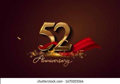 52nd anniversary logo with red ribbon and golden confetti isolated on elegant background, sparkle, vector design for greeting card and invitation card.