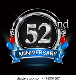 52nd anniversary logo with silver ring,balloons and blue ribbon. Vector design template elements for your birthday celebration.