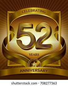 52nd anniversary logo. Vector and illustration with ribbon shiny gold
