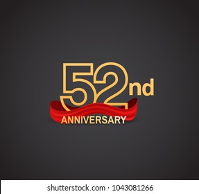 52nd anniversary logotype design with line golden color and red ribbon for celebration isolated on dark background