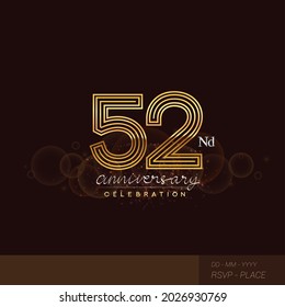 52nd anniversary logotype with glitter and shiny golden colored isolated on elegant background.