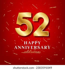Plantilla vectorial de 52 años con un número dorado y confetti dorado esparcido en un fondo rojo