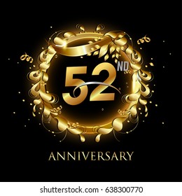 52nd gold anniversary celebration With confetti, ring, and abstract elements, isolated on dark background