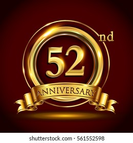 52nd golden anniversary logo, fifty two years birthday celebration with gold ring and golden ribbon.
