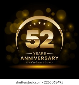 Celebración del 52° Aniversario. Diseño de logotipos con anillo de oro y texto para la celebración del aniversario, invitación, boda, tarjeta de saludo, banner, afiche, volante, folleto. Plantilla de vectores de logotipos