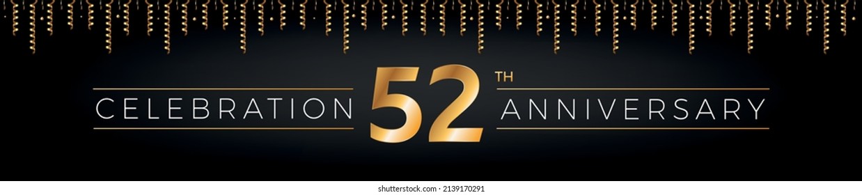 52th anniversary. Fifty-two years birthday celebration horizontal banner with bright golden color.