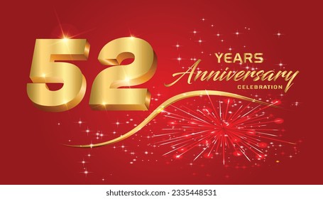 52th Anniversary fireworks and celebration background.Golden 3D lettering and a gold ribbon on dark red background,vector design for celebration, invitation card, and greeting card.