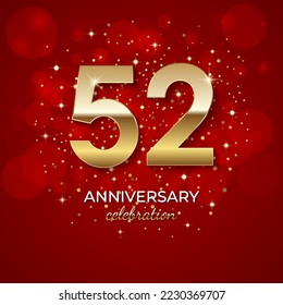 52th Anniversary. Golden number 52 with sparkling confetti and glitters for celebration events, weddings, invitations and greeting cards. Realistic 3d sign. Vector festive illustration