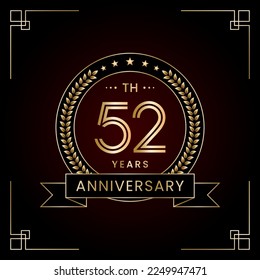 52th Anniversary Logo Design Concept with Laurel wreath for Birthday Celebration Event. Line Art Design, Logo Vector Template