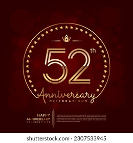 52th anniversary logo with double line number and golden text for birthday celebration event, invitation, banner poster, flyer, and greeting card, vector template