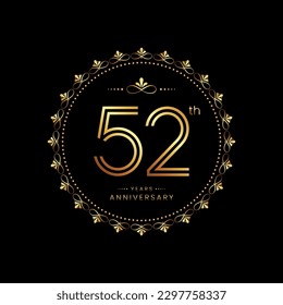 52th anniversary logo with golden number for celebration event, invitation, wedding, greeting card, banner, poster, flyer. Ornament vector design