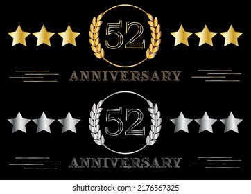 52th anniversary set gold and silver. Celebrating birthday, banner for special date with ring on isolated background.