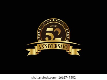 52th years anniversary logo template, vector design birthday celebration, Golden anniversary emblem with ribbon. Design for a booklet, leaflet, magazine, brochure, poster, web, invitation or greeting