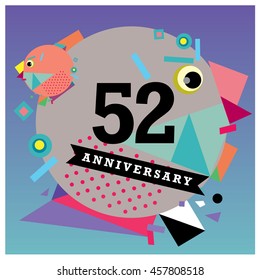 52th years greeting card anniversary with colorful number and frame. logo and icon with circle badge and background