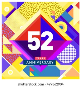 52th years greeting card anniversary with colorful number and frame. logo and icon with Memphis style cover and design template