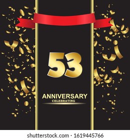 53 anniversary logo with confetti golden colored and red ribbon isolated on black background, vector design for greeting card and invitation card