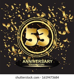 53 anniversary logo with confetti golden colored isolated on black background, vector design for greeting card and invitation card