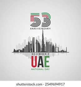 53 Aniversario del Día Nacional de los Emiratos Árabes Unidos 2 de diciembre de 2024 Diseño de celebración con el horizonte de Dubái y los Lugares famosos. Eid Al Etihad significa Día Nacional de la Etihad Árabe Unida. Ilustración vectorial