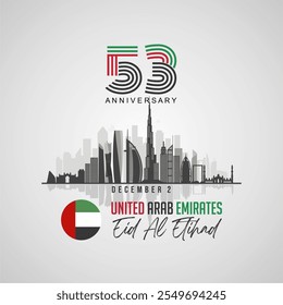 53 Aniversário Emirados Árabes Unidos Eid Al Etihad Design, Fundo, Banner, Saudação, Cartaz, Redes Sociais. 53 Aniversário do Dia Nacional dos Emirados Árabes Unidos 2024. Ilustração vetorial com o horizonte de Dubai 