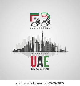 53 Aniversario del Día Nacional de los Emiratos Árabes Unidos 2 de diciembre de 2024 Diseño de celebración con el horizonte de Dubái y los Lugares famosos. Día Nacional de los EAU 2024 Saludo, Anuncio, Fondo, Afiche, Plantilla, Redes Sociales. 