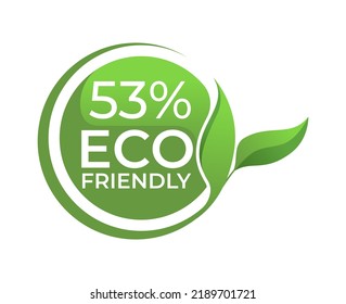 53% Eco friendly circle label sticker Vector illustration with green organic plant leaves. Eco friendly stamp icon. 2d vector illustration. 