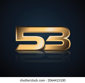 53 Gold 3D-Zahlenlogo auf dunklem Hintergrund mit realistischer Reflexion