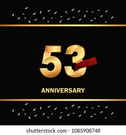 53 gold anniversary celebration design with red ribbon and glitter element, isolated on black background