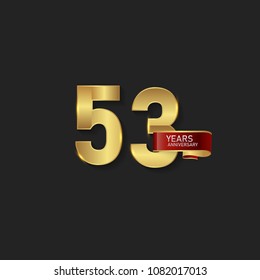 53 Gold anniversary celebration with red ribbon isolated on black background