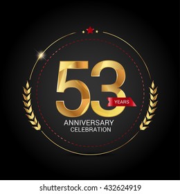 53 golden anniversary logo with red ribbon, low poly design number