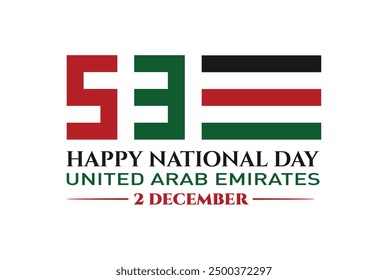 53 Día Nacional de los Emiratos Árabes Unidos. Texto Traducción al árabe: Nuestro Día Nacional. 2 de diciembre. Símbolo de mapa de los EAU. Logotipo del Vector. Eps 08.